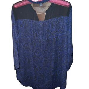 Larry Levine blue and black‎ sheer v-neck 3/4 sleeve tunic iwomen's size large
